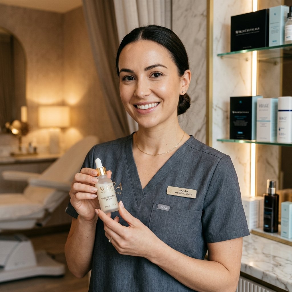 Aesthetic practitioner holding professional skincare serum